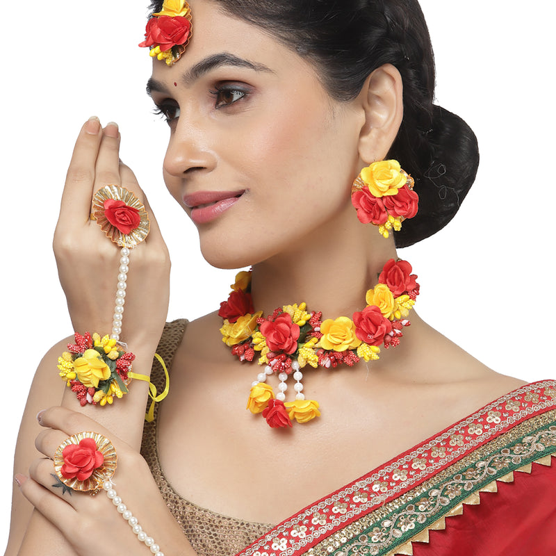 Gold-Plated Red-Yellow Gota Patti Floral White Pearls Beaded Haldi & Mehendi Jewellery Set with Maang Tikka & Haathphool Ring