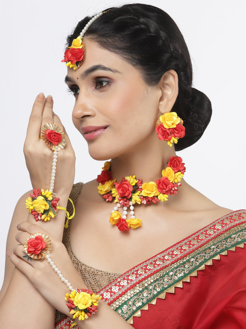 Gold-Plated Red-Yellow Gota Patti Floral White Pearls Beaded Haldi & Mehendi Jewellery Set with Maang Tikka & Haathphool Ring