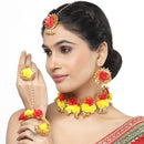 Gold-Plated Yellow-Red Gota Patti Floral White Pearls Beaded Haldi & Mehendi Jewellery Set with Maang Tika & Haathphool Ring