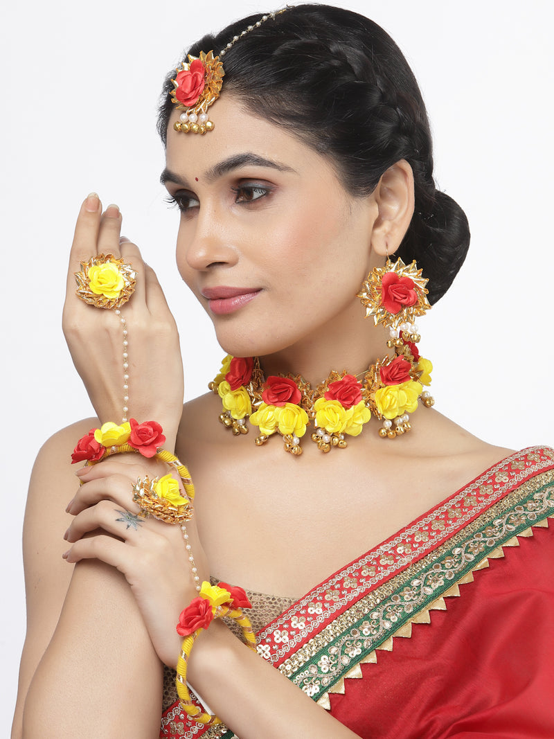 Gold-Plated Yellow-Red Gota Patti Floral White Pearls Beaded Haldi & Mehendi Jewellery Set with Maang Tika & Haathphool Ring