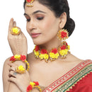 Gold-Plated Yellow-Red Gota Patti Floral White Pearls Beaded Haldi & Mehendi Jewellery Set with Maang Tika & Haathphool Ring