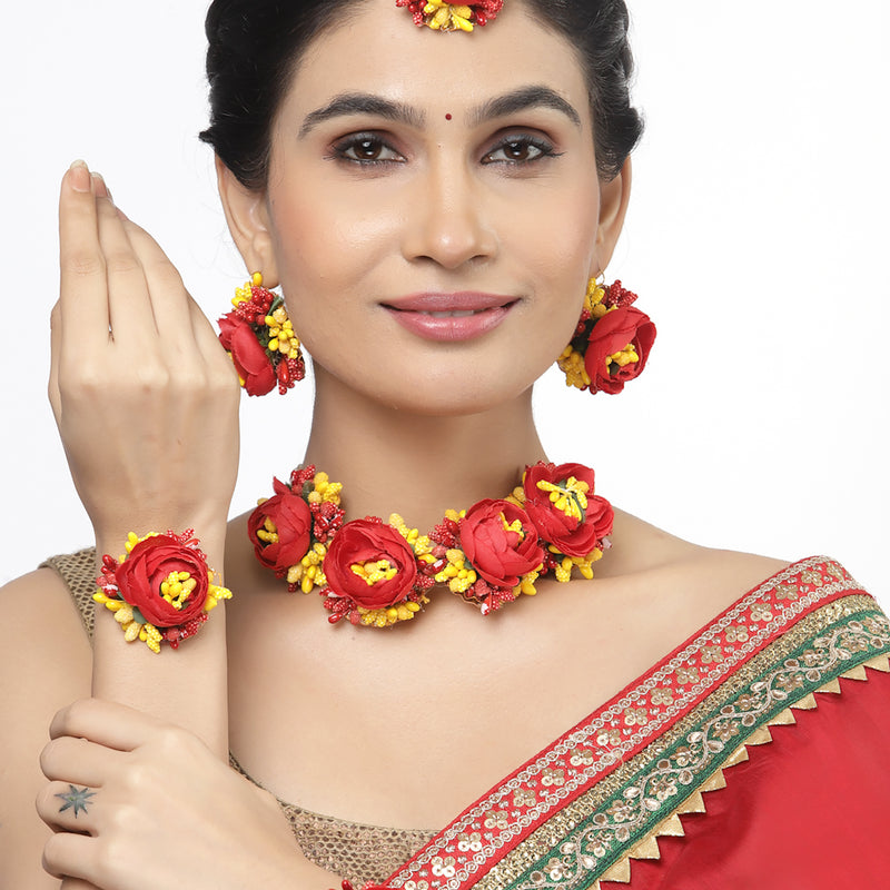Gold-Plated Red-Yellow Floral White Pearls Beaded Haldi & Mehendi Jewellery Set with Maang Tikka & Haathphool