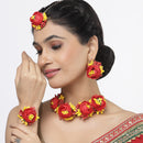 Gold-Plated Red-Yellow Floral White Pearls Beaded Haldi & Mehendi Jewellery Set with Maang Tikka & Haathphool