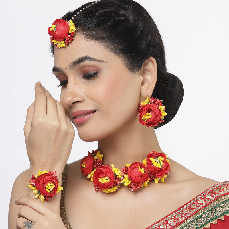Gold-Plated Red-Yellow Floral White Pearls Beaded Haldi & Mehendi Jewellery Set with Maang Tikka & Haathphool
