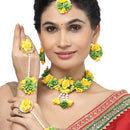 Gold-Plated Green-Yellow Gota Patti Floral White Pearls Beaded Haldi & Mehendi Jewellery Set with Maang Tikka & Haathphool Ring
