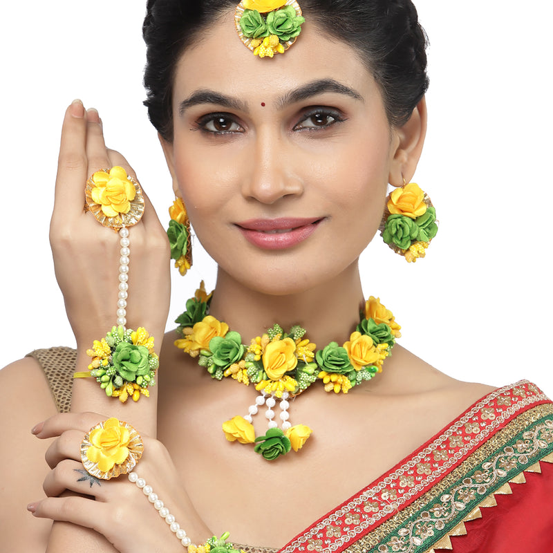 Gold-Plated Green-Yellow Gota Patti Floral White Pearls Beaded Haldi & Mehendi Jewellery Set with Maang Tikka & Haathphool Ring
