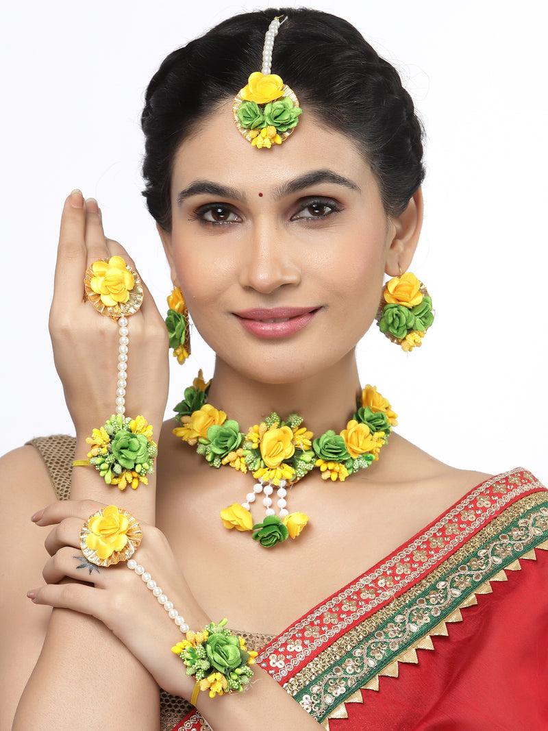Gold-Plated Green-Yellow Gota Patti Floral White Pearls Beaded Haldi & Mehendi Jewellery Set with Maang Tikka & Haathphool Ring