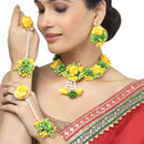 Gold-Plated Green-Yellow Gota Patti Floral White Pearls Beaded Haldi & Mehendi Jewellery Set with Maang Tikka & Haathphool Ring