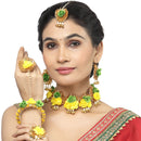 Gold-Plated Yellow-Green Gota Patti Floral White Pearls Beaded Haldi & Mehendi Jewellery Set with Maang Tikka & Haathphool Ring