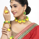 Gold-Plated Yellow-Green Gota Patti Floral White Pearls Beaded Haldi & Mehendi Jewellery Set with Maang Tikka & Haathphool Ring