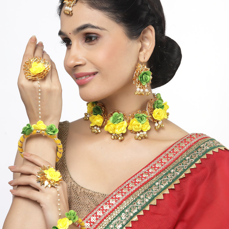 Gold-Plated Yellow-Green Gota Patti Floral White Pearls Beaded Haldi & Mehendi Jewellery Set with Maang Tikka & Haathphool Ring