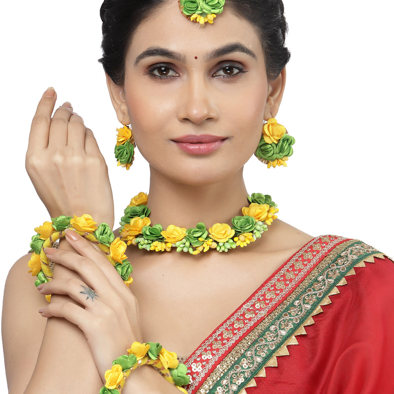Gold-Plated Green-Yellow Gota Patti Floral White Pearls Beaded Haldi & Mehendi Jewellery Set with Maang Tikka & Haathphool