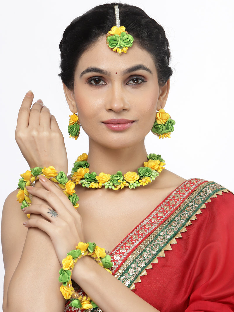 Gold-Plated Green-Yellow Gota Patti Floral White Pearls Beaded Haldi & Mehendi Jewellery Set with Maang Tikka & Haathphool