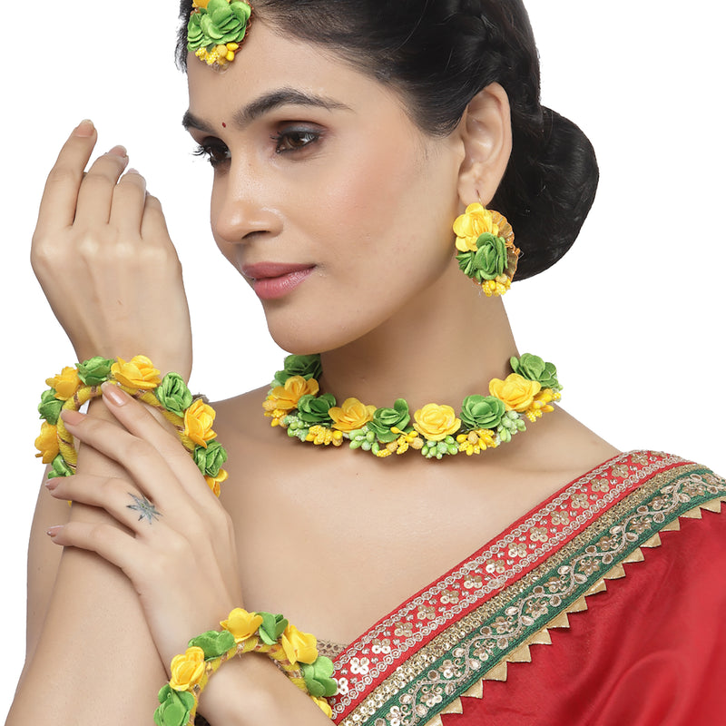 Gold-Plated Green-Yellow Gota Patti Floral White Pearls Beaded Haldi & Mehendi Jewellery Set with Maang Tikka & Haathphool