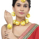 Gold-Plated Yellow Floral White Pearls Beaded Haldi & Mehendi Jewellery Set with Maang Tikka & Haathphool