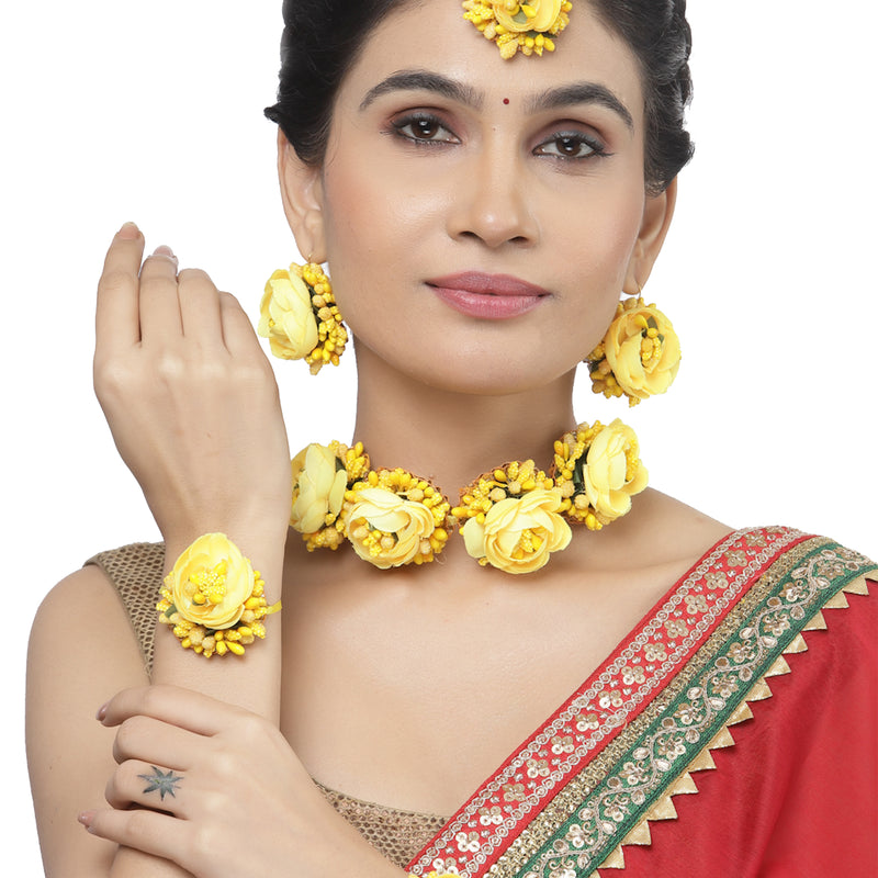 Gold-Plated Yellow Floral White Pearls Beaded Haldi & Mehendi Jewellery Set with Maang Tikka & Haathphool