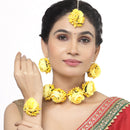 Gold-Plated Yellow Floral White Pearls Beaded Haldi & Mehendi Jewellery Set with Maang Tikka & Haathphool