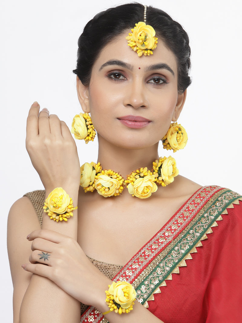 Gold-Plated Yellow Floral White Pearls Beaded Haldi & Mehendi Jewellery Set with Maang Tikka & Haathphool