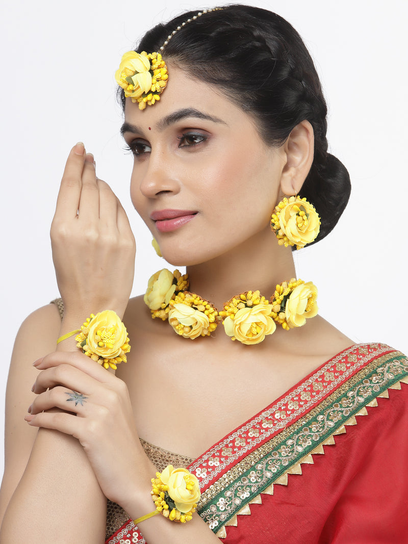 Gold-Plated Yellow Floral White Pearls Beaded Haldi & Mehendi Jewellery Set with Maang Tikka & Haathphool
