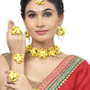 Gold-Plated Yellow-Green Floral White Pearls Beaded Haldi & Mehendi Jewellery Set with Maang Tikka & Haathphool Ring