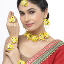 Gold-Plated Yellow-Green Floral White Pearls Beaded Haldi & Mehendi Jewellery Set with Maang Tikka & Haathphool Ring