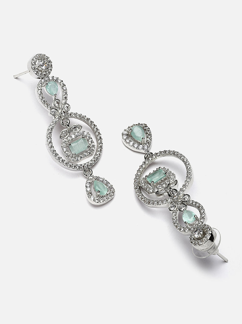 Rhodium-Plated Sea Green American Diamond studded Circular Shaped Drop Earrings