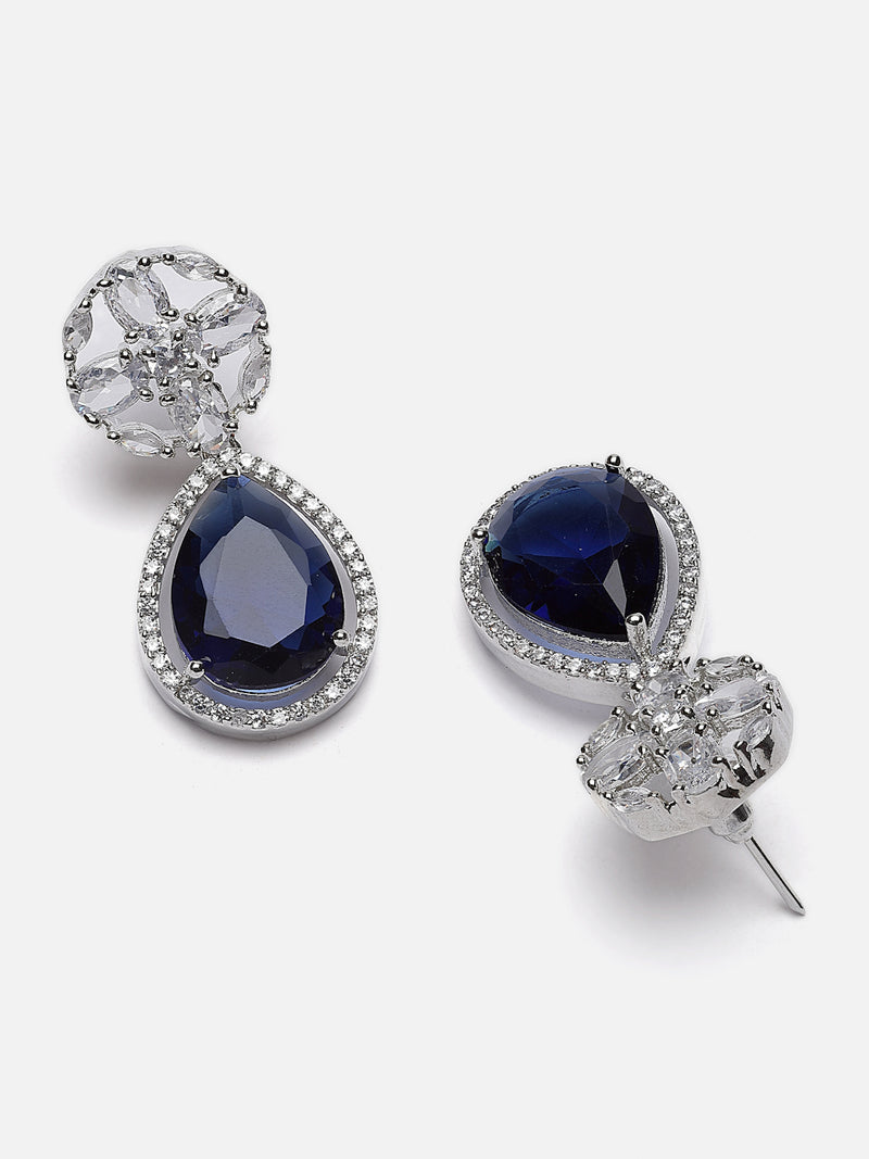 Rhodium-Plated Navy Blue & White American Diamond studded Teardrop & Floral Shaped Drop Earrings