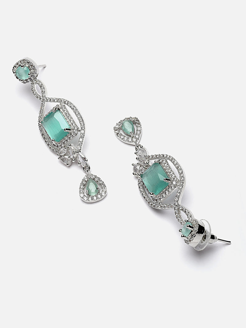 Rhodium-Plated Sea Green American Diamond studded Square Shaped Handcrafted Drop Earrings