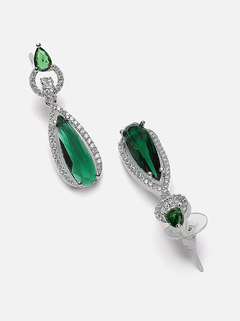 Rhodium-Plated Green American Diamond studded Handcrafted Long Teardrop Shaped Drop Earrings