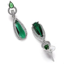 Rhodium Plated Teardrop Green AD Studded Contemporary Drop Earrings