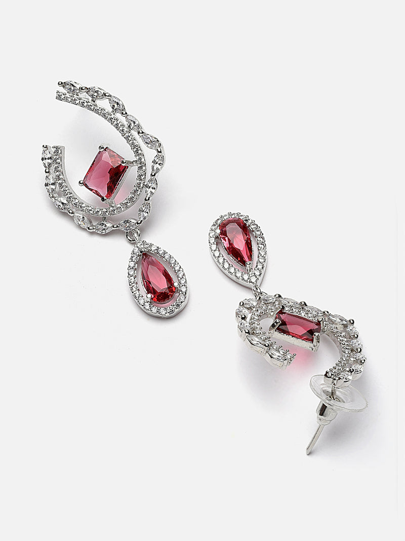 Rhodium-Plated Red & White American Diamond studded Quirky Shaped Drop Earrings