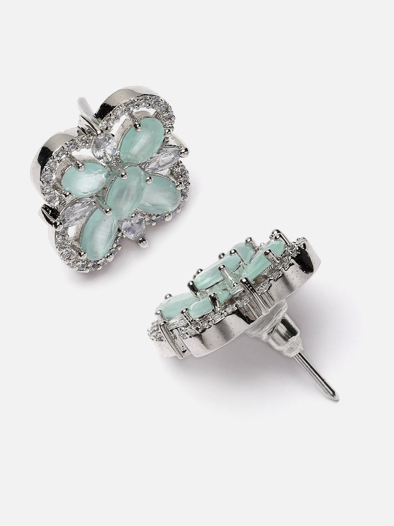 Rhodium-Plated Sea Green American Diamond studded Floral Shaped Stud Earrings