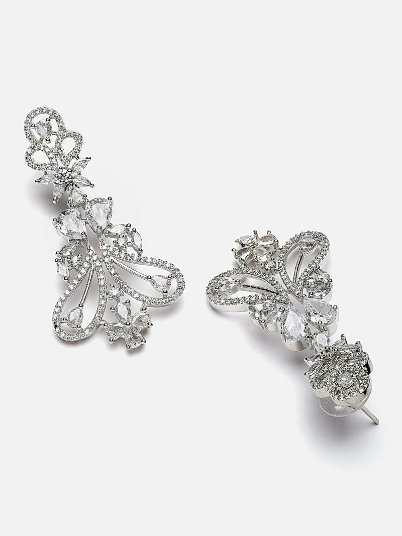 Rhodium-Plated White American Diamond studded Paisley Shaped Drop Earrings