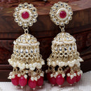Gold-Plated Red Kundan & White Pearls studded Dome Shaped Vilandi Jhumka Earrings