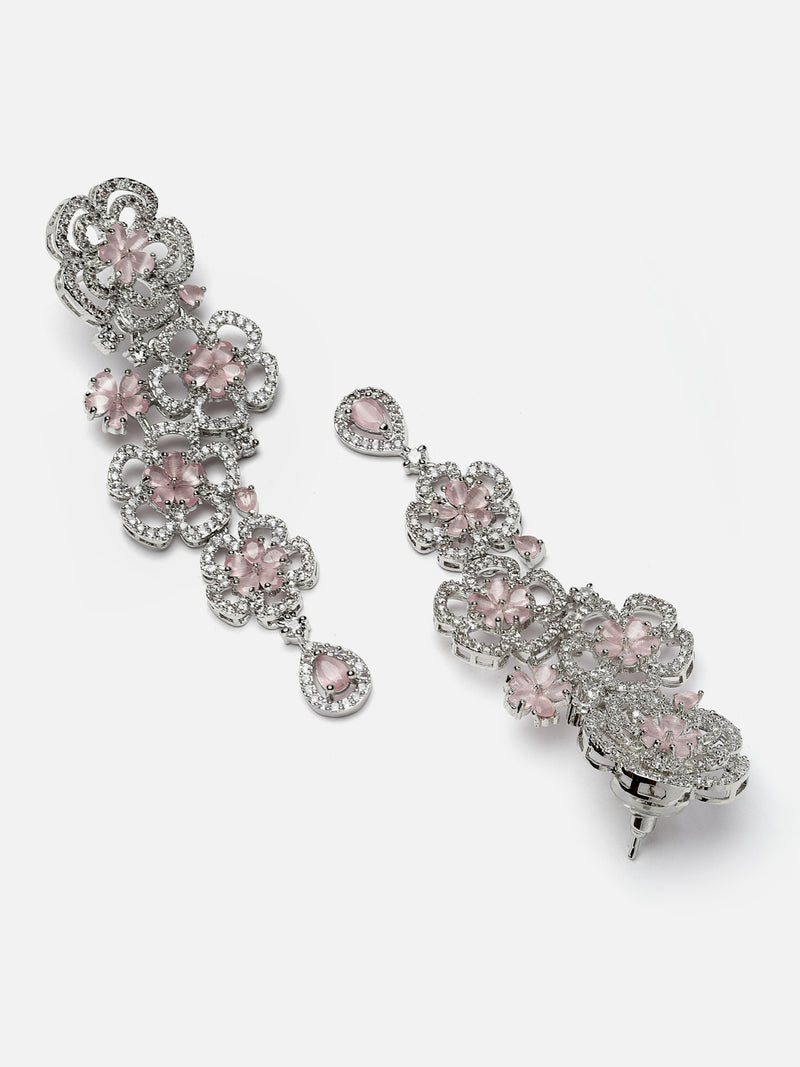 Rhodium-Plated Pink & White American Diamond studded Floral Chandelier Drop Earrings