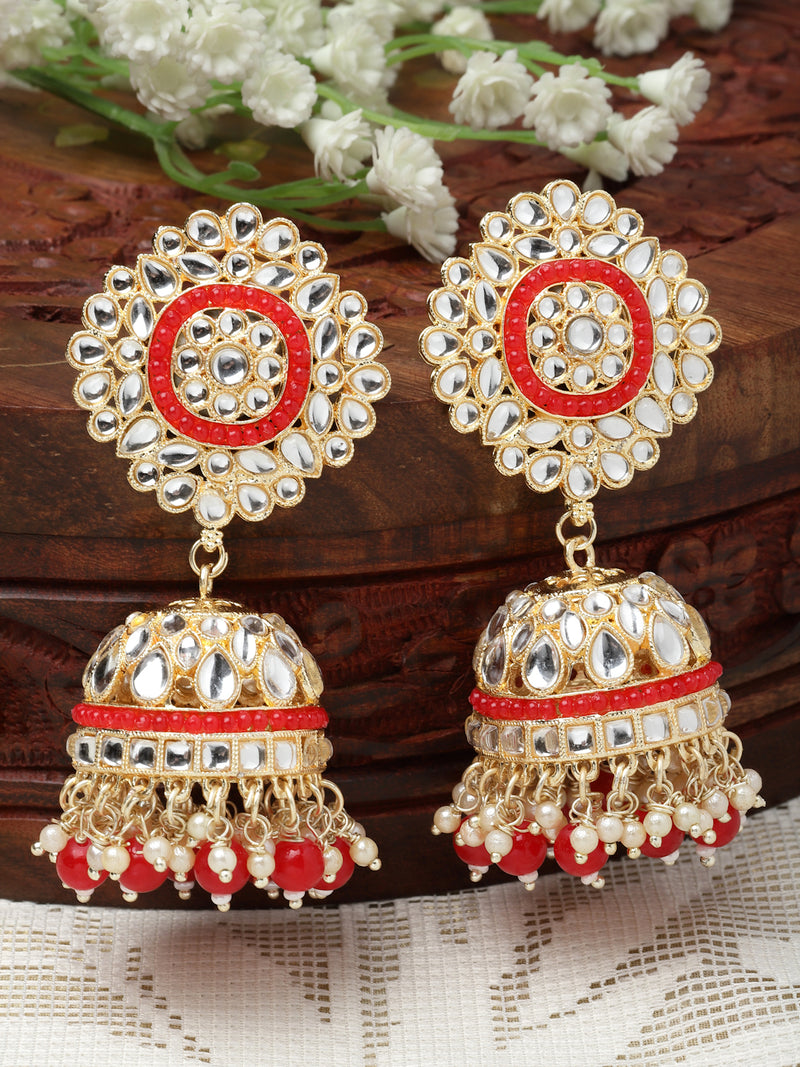 Gold-Plated Red & White Kundan-Pearls studded Vilandi Jhumka Earrings