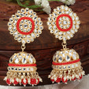 Gold-Plated Red & White Kundan-Pearls studded Vilandi Jhumka Earrings