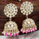 Gold-Plated Pink Kundan & White Pearls studded Flower Shaped Vilandi Jhumka Earrings