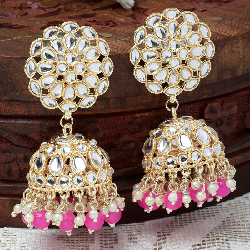 Gold-Plated Pink Kundan & White Pearls studded Flower Shaped Vilandi Jhumka Earrings
