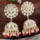 Gold-Plated Red Kundan & White Pearls studded Flower Shaped Vilandi Jhumka Earrings