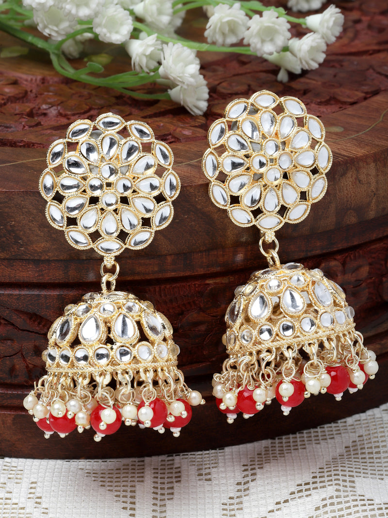Gold-Plated Red Kundan & White Pearls studded Flower Shaped Vilandi Jhumka Earrings