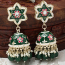 Gold-Plated Green & White Kundan-Pearls studded Star Shaped Enamelled Jhumka Earrings