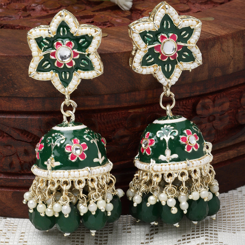 Gold-Plated Green & White Kundan-Pearls studded Star Shaped Enamelled Jhumka Earrings
