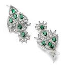 Rhodium Plated Elongated Green American Diamond Contemporary Long Drop Earrings
