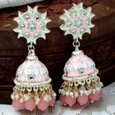 Gold-Plated Pink & White Kundan-Pearls studded Crescent Shaped Hand Painted Jhumka Earrings