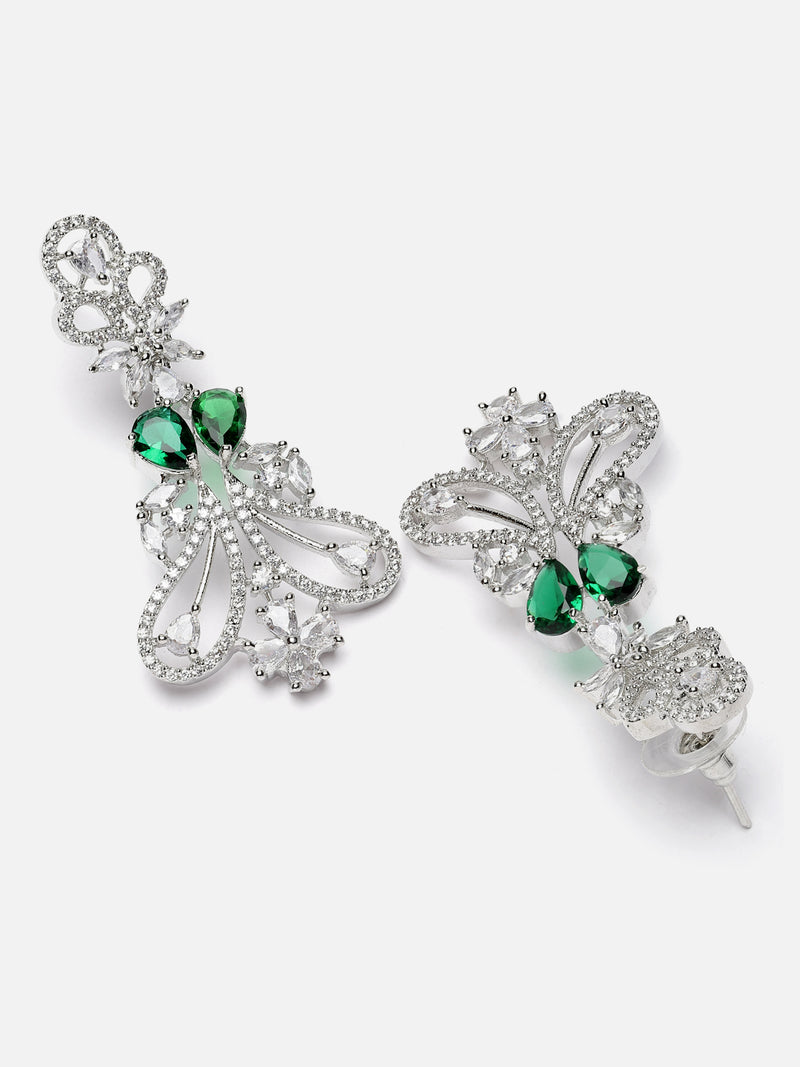 Rhodium-Plated Green & White American Diamond studded Paisley Shaped Drop Earrings