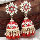 Gold-Plated Red & White Kundan-Pearls studded Crescent Shaped Hand Painted Jhumka Earrings