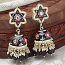 Gold-Plated Black & White Kundan-Pearls studded Star Shaped Enamelled Jhumka Earrings