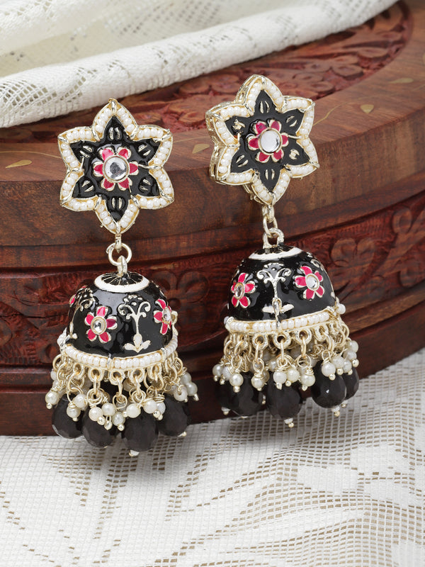Gold-Plated Black & White Kundan-Pearls studded Star Shaped Enamelled Jhumka Earrings