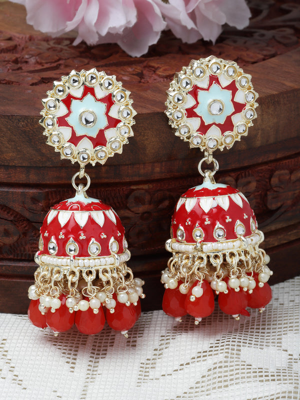 Gold-Plated Red Kundan & White Pearls studded Dome Shaped Handcrafted Jhumka Earrings